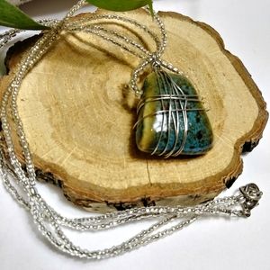 STONE NECKLACE Boho Beaded Chain Natural Blue Green Stone Wire Wrapped